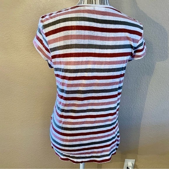 Linen Tee Medium White V-Neck Striped Olive Salmon Rust Short Sleeve 100% Linen - Picture 9 of 13